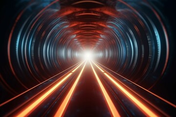 Futuristic tunnel towards light, wide-angle. Modern style abstract background. Generative AI