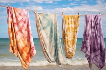 Patterned tie-dye beach fashion with colorful stain effect on a washed-out soft furnishing background. Generative AI