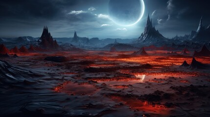 Fantastic alien landscape of another planet with mountains, lava and lakes with red fiery water, with a fantastic sky with a huge moon. Other worlds and fantasy concept. - obrazy, fototapety, plakaty
