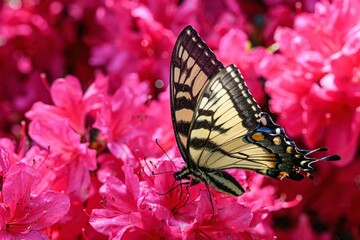 Close-up shot of an Old world swallowtail on pink rhododendron flowers