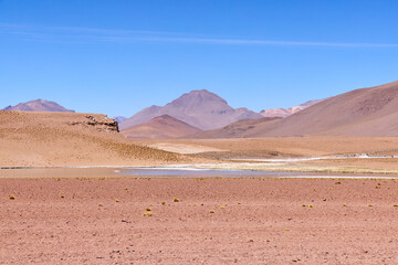 Bolivia, Avaroa National Park. Desert and mountain landscape with salt lakes and flamingos.