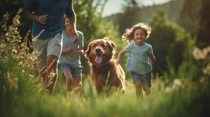  Happy family with dog in nature. Camping, travel, hiking.