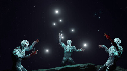Three cosmic beings are building the constellation of Orion, gods from another dimension, fantastic 3D visualization