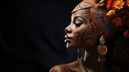 Photo of african woman on black background colorful of africa day concept
