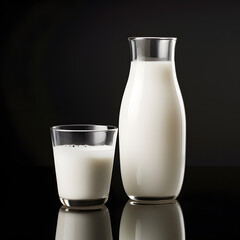milk bottle and glass on black background