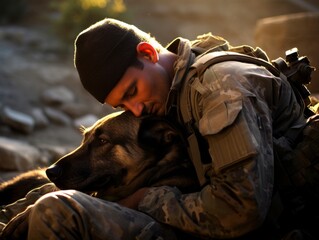 Military man hugs dog in the warm autumn rays of the sun, AI