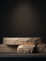 Sandstone Minimalistic Product Podium. The Stage for Product Presentation on Black Background. Geometric Platform Pedestal. Ai Generated Vertical Podium Mockup for a Product advertisement.