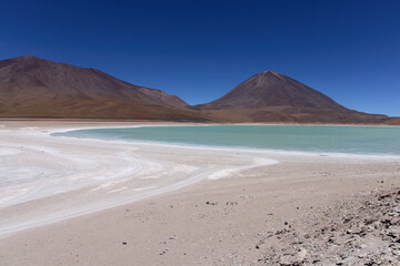Fototapeta na wymiar Bolivia, Verde Lagoon, Avaroa National Park. Beautiful lake with green toxic water. Wide frame.