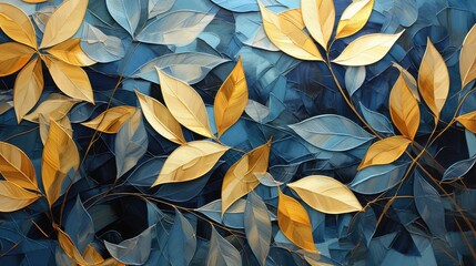  a painting of a bunch of leaves on a blue background with yellow leaves on the top and bottom of the leaves on the bottom of the painting.  generative ai