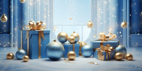 Blue holiday wallpaper. Festive blue and gold Christmas ornaments and gift boxes. Empty glass snow ball. Stage platform for product presentation - obrazy, fototapety, plakaty