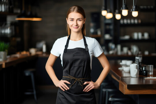 A female waitress in an apron standing in a restaurant.