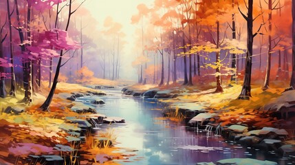 landscape in a fairy forest, colorful autumn trees in unusual neon lighting, foggy background autumn fantasy