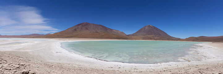 Bolivia, Verde Lagoon, Avaroa National Park. Beautiful lake with green toxic water. Panorama.