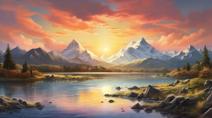 Fototapeta na wymiar a painting of a mountain range with a lake in the foreground and a sunset in the middle of the picture. generative ai
