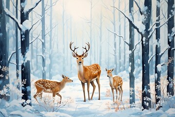 Deer in the forest, a winter scene with a family of deer in a snow-covered forest