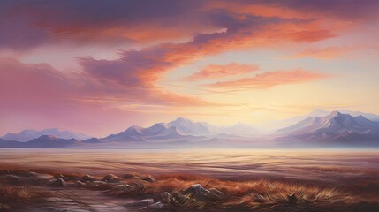  a painting of a landscape with mountains in the background and a sunset in the foreground with clouds in the sky.  generative ai