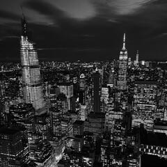 Grayscale shot of New York skyline at night
