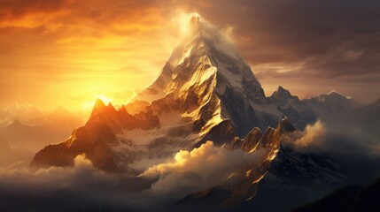 a painting of a mountain with clouds and a sun in the sky with a red and yellow sky in the background.  generative ai