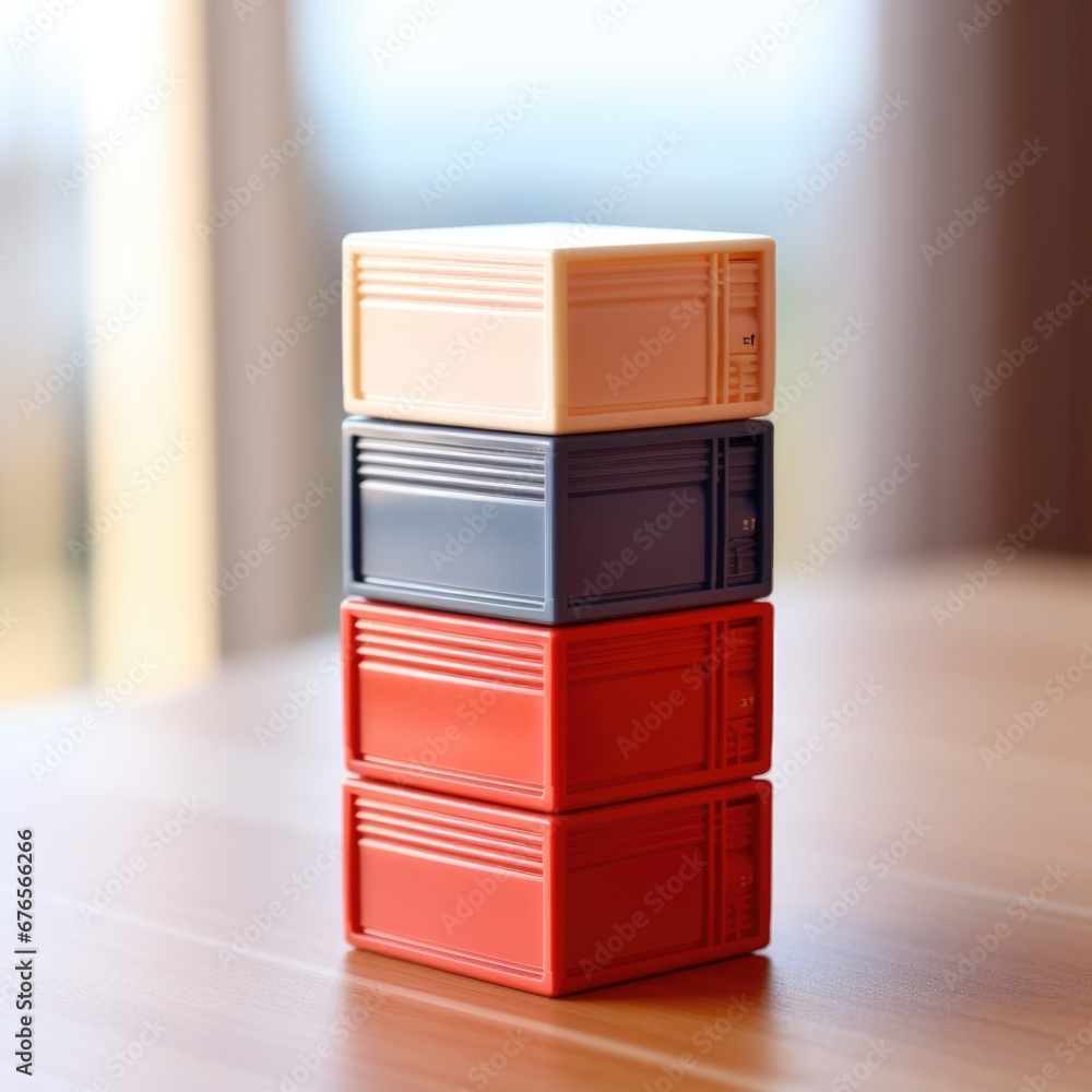 Aufkleber a stack of three different colored boxes sitting on a table, ai