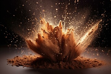Cocoa dust burst on dark backdrop. Generative AI - obrazy, fototapety, plakaty