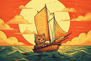 Illustration of a cat sailing on a sailboat. Generative AI