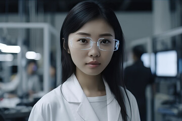 Portrait of young asian female scientist in white coat in biotechnology research laboratory