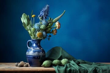 Blue vase, dry flowers, cactus, blue tablecloth, green background. Generative AI
