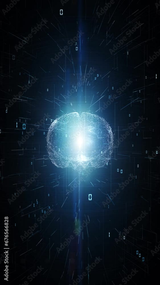Poster futuristic digital human brain in cyberspace loop vertical animation. concept artificial intelligenc