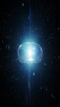 Futuristic digital human brain in cyberspace loop vertical animation. Concept artificial intelligence technology background. 