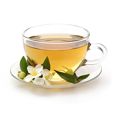 Illustration with a cup of jasmine tea isolated on a white background. For backgrounds, banners and other projects about tea and other healthy drinks.