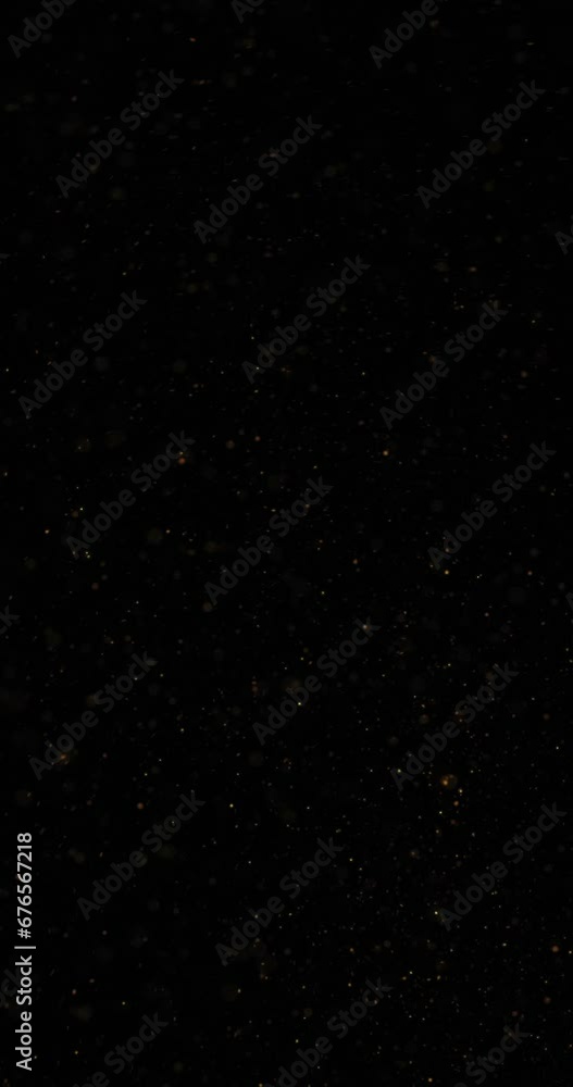 Poster magic loop cloud of flickering golden dots random flying on vertical black background. concept holid