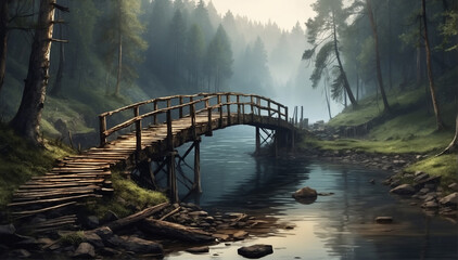 A broken, burned-down bridge over a river,  in a dense forest - AI Generative - obrazy, fototapety, plakaty