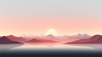  a landscape with mountains and a lake in the foreground with the sun rising over the mountains in the background.  generative ai