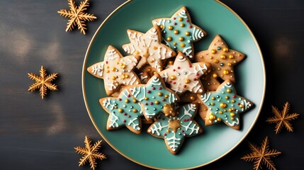 Obraz na płótnie Canvas Delicious Christmas decoration with star cookies, flat lay of Christmas cookies in the shape of stars 