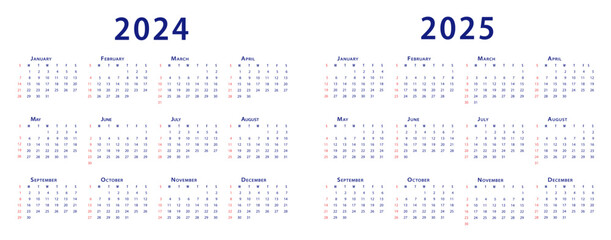 Calendar 2024, calendar 2025 week start Sunday corporate design planner template. Vector illustration.	 - obrazy, fototapety, plakaty