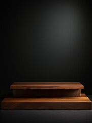 Wooden Teak Minimalistic Product Podium. The Stage for Product Presentation on Black Background. Geometric Platform Pedestal. Ai Generated Vertical Podium Mockup for a Product advertisement.