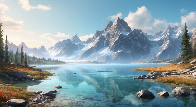 A rugged wilderness landscape, towering mountains and a crystal clear lake, is rendered in a hyper-realistic digital painting style - AI Generative