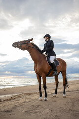 Equestrian sports. Horsewoman and her horse on the beach, portrait on the background of the sea,...