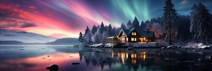 Winter polar light over  house in forest - obrazy, fototapety, plakaty