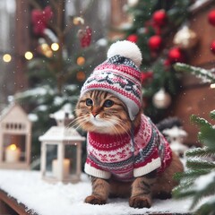 Winter Enchantment: Cat in Nordic Sweater and Winter Cap
