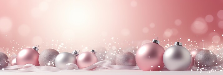 Fototapeta na wymiar pink Christmas baubles background, copy space