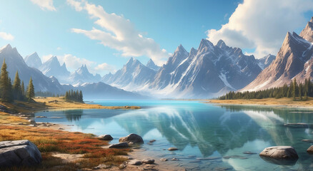 Fototapeta na wymiar A rugged wilderness landscape, towering mountains and a crystal clear lake, is rendered in a hyper-realistic digital painting style - AI Generative