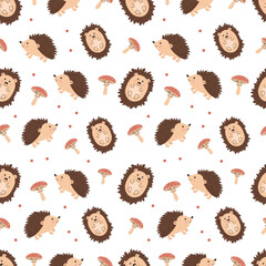 Seamless pattern with cute hedgehogs and forest mushrooms. Children's pattern for clothes. Cute animal print. Vector illustration © Mariana