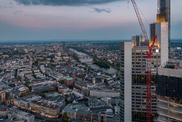 Evening aerial view of the centre of Frankfurt am Main with its skyscrapers and streets