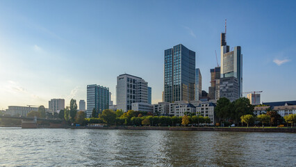 Fototapeta na wymiar Financial and business district in Frankfurt am Main, Germany, skyline over the river