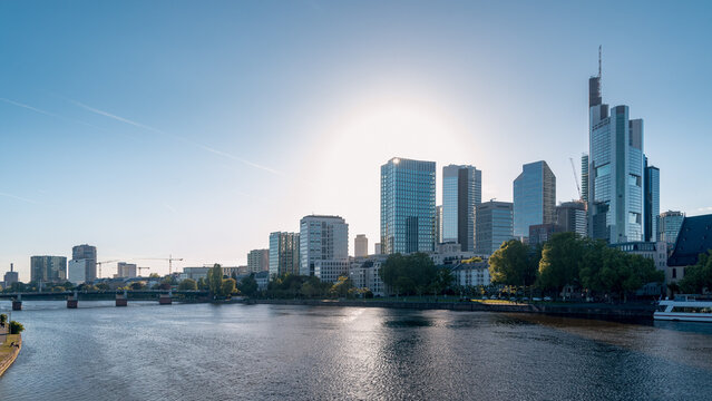 Financial and business district in Frankfurt am Main, Germany, skyline over the river