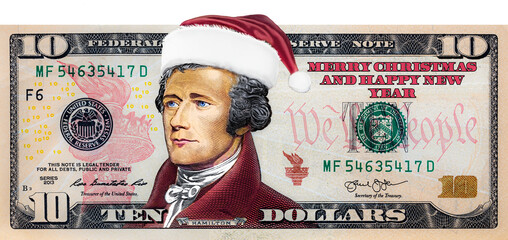 Alexander Hamilton from US 10 dollar banknote in Santa Claus hat - obrazy, fototapety, plakaty