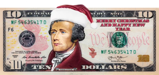 Fotobehang Alexander Hamilton from US 10 dollar banknote in Santa Claus hat © Ruslan