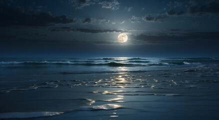 Fototapeta na wymiar As the moon rises over the dark, tranquil ocean - AI Generative