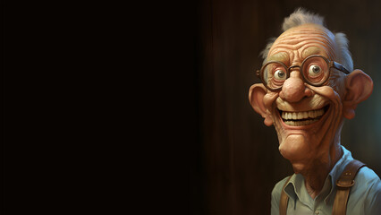 Mature man with eyeglasses having a big smile, 3D style cartoon illustration, isolated on a black background, copy space